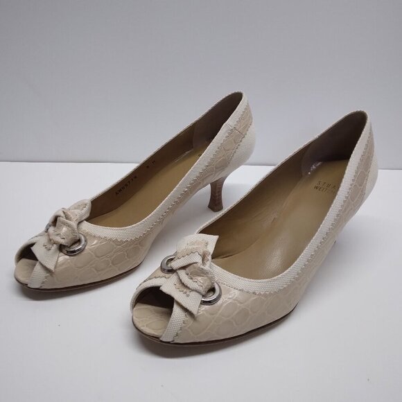 Stuart Weitzman Croc Embossed Peep Toe Knot Heels Size 9M - Picture 3 of 16